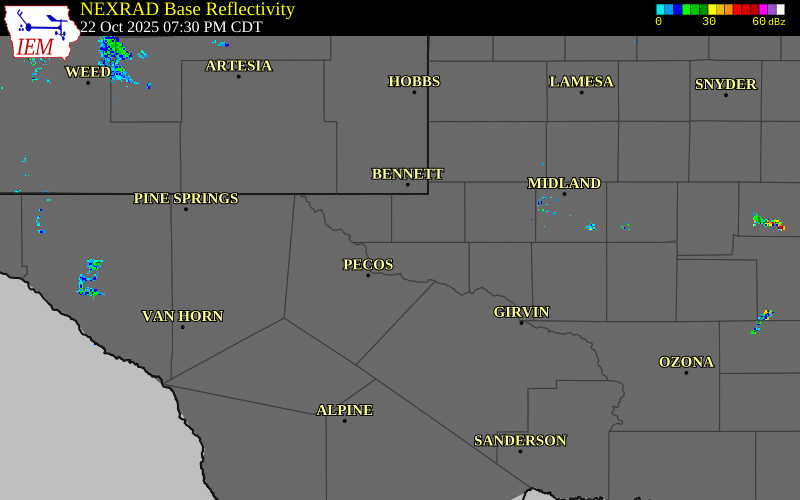 Radar snapshot during the Oct 22, 2025 wind event near 10 WNW Pyote, Ward County, Texas, with NWS warning polygons