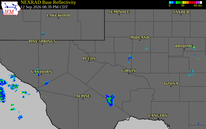 Current NEXRAD radar over Ward County, Texas with recent storm report locations