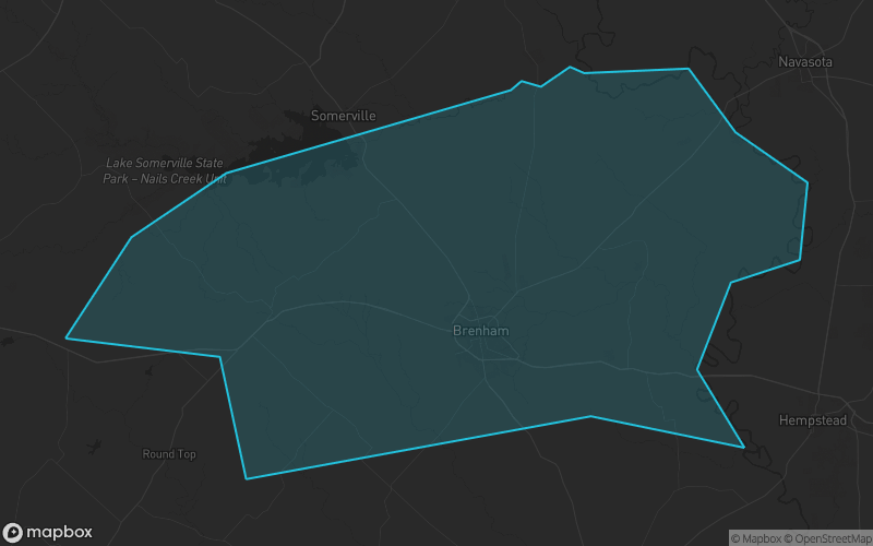 Map of Washington County, Texas showing the county boundary and surrounding cities