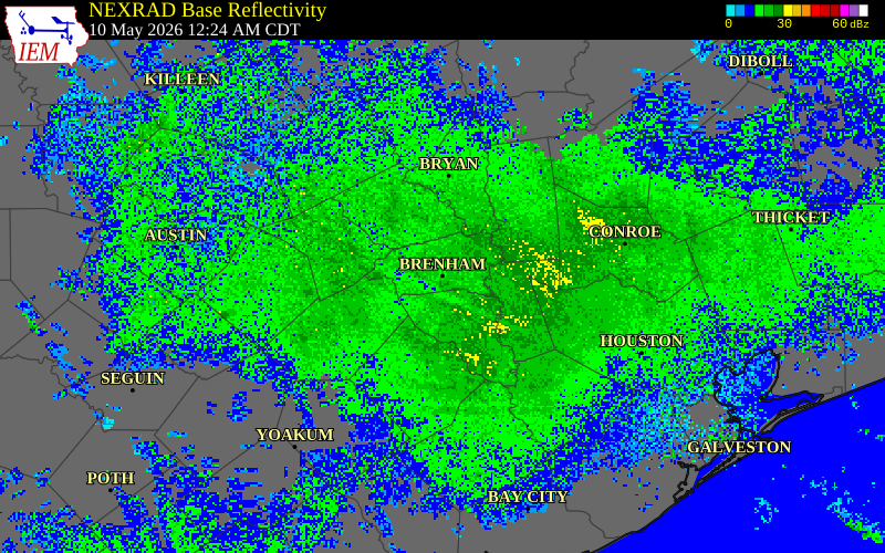 NEXRAD radar during the Sunday, May 10, 2026 storm activity in Washington County, Texas