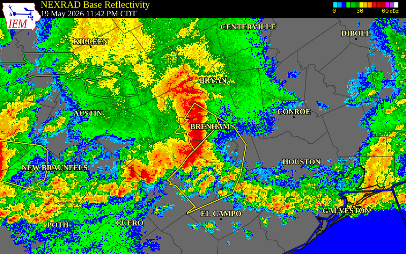 NEXRAD radar during the Tuesday, May 19, 2026 storm activity in Washington County, Texas