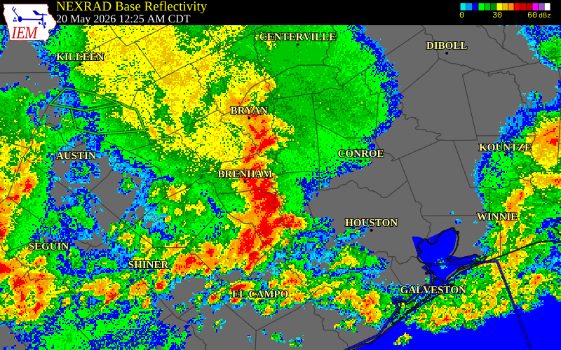 NEXRAD radar during the Wednesday, May 20, 2026 storm activity in Washington County, Texas