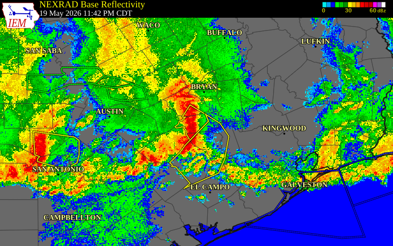 Radar snapshot during the May 19, 2026 wind event near Washington County, Washington County, Texas, with NWS warning polygons