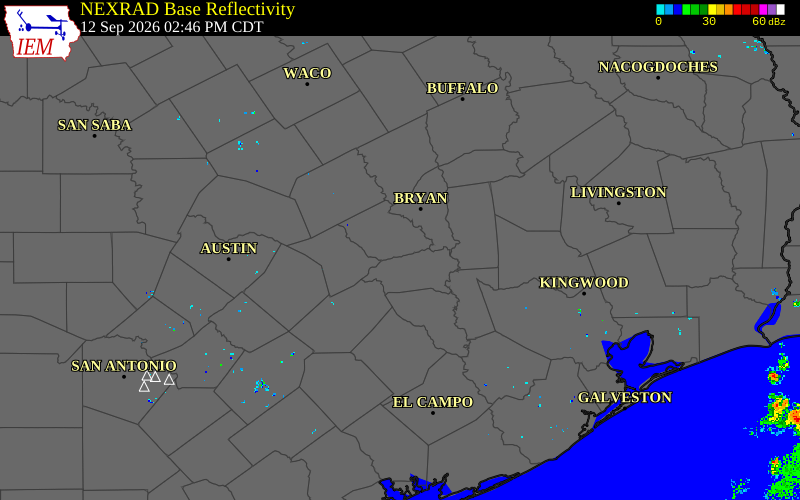 Current NEXRAD radar over Washington County, Texas with recent storm report locations