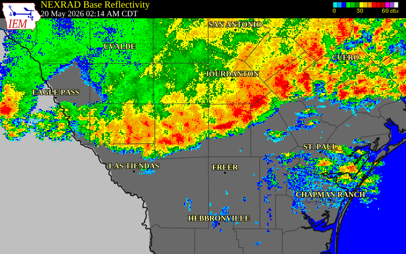 NEXRAD radar during the Wednesday, May 20, 2026 storm activity in Webb County, Texas