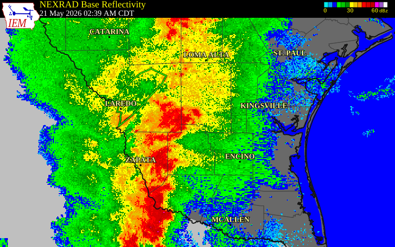 NEXRAD radar during the Thursday, May 21, 2026 storm activity in Webb County, Texas