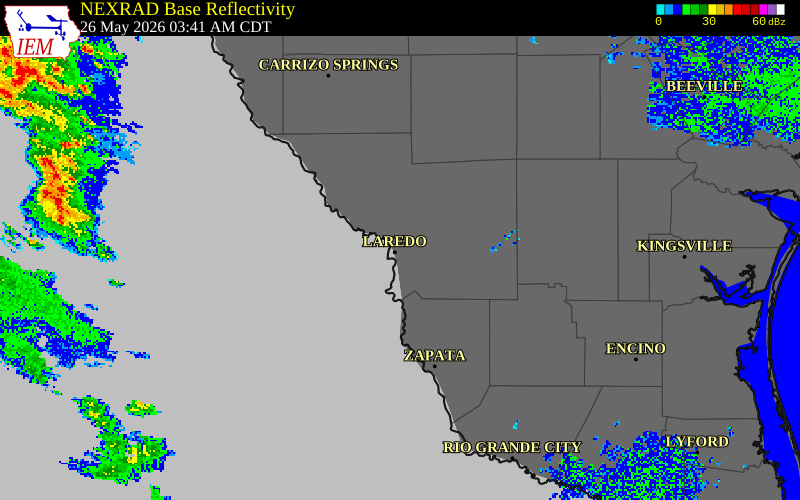 NEXRAD radar during the Tuesday, May 26, 2026 storm activity in Webb County, Texas