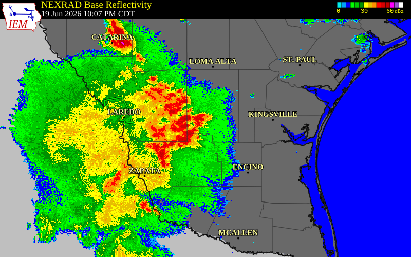 NEXRAD radar during the Friday, June 19, 2026 storm activity in Webb County, Texas