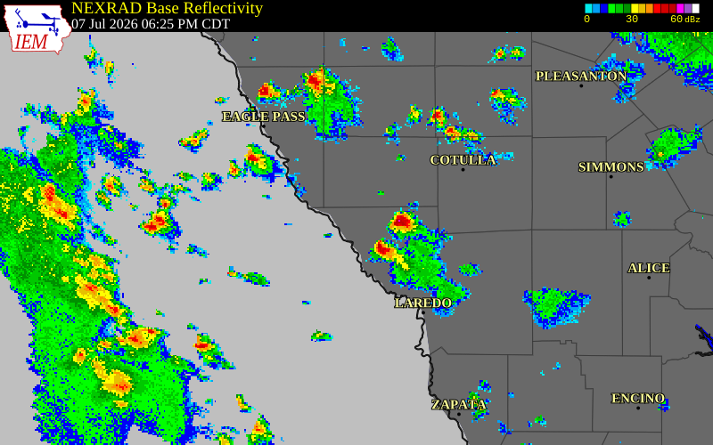 NEXRAD radar during the Tuesday, July 7, 2026 storm activity in Webb County, Texas