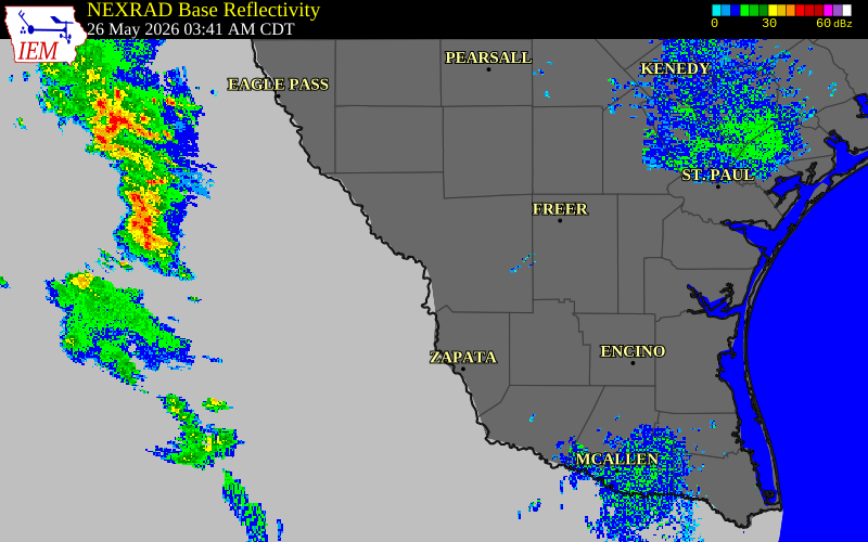 Radar snapshot during the May 26, 2026 wind event near 2 ENE Laredo, Webb County, Texas, with NWS warning polygons
