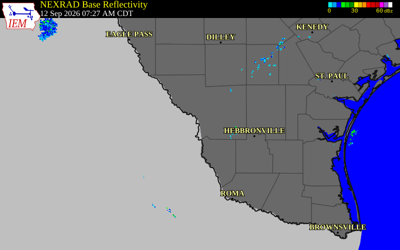 Current NEXRAD radar over Webb County, Texas with recent storm report locations