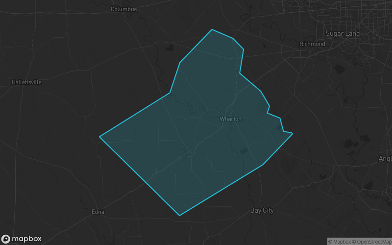 Map of Wharton County, Texas showing the county boundary and surrounding cities