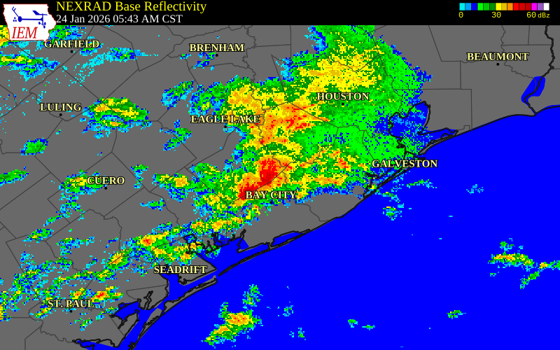 NEXRAD radar during the Saturday, January 24, 2026 storm activity in Wharton County, Texas