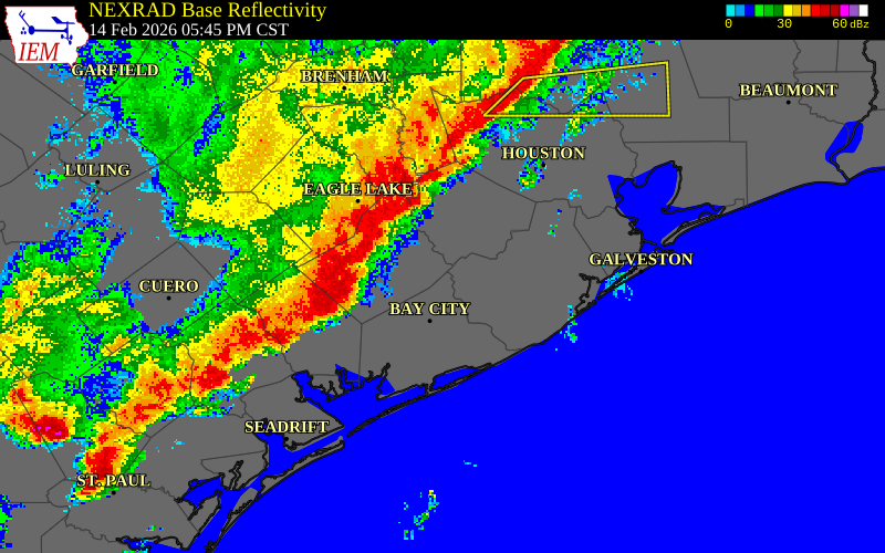 NEXRAD radar during the Saturday, February 14, 2026 storm activity in Wharton County, Texas