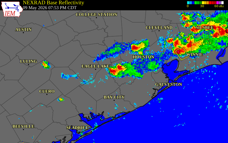 NEXRAD radar during the Saturday, May 9, 2026 storm activity in Wharton County, Texas