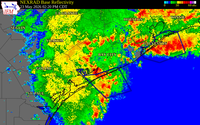 NEXRAD radar during the Saturday, May 23, 2026 storm activity in Wharton County, Texas