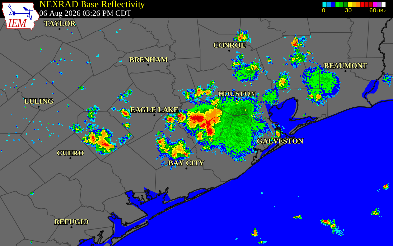 NEXRAD radar during the Thursday, August 6, 2026 storm activity in Wharton County, Texas