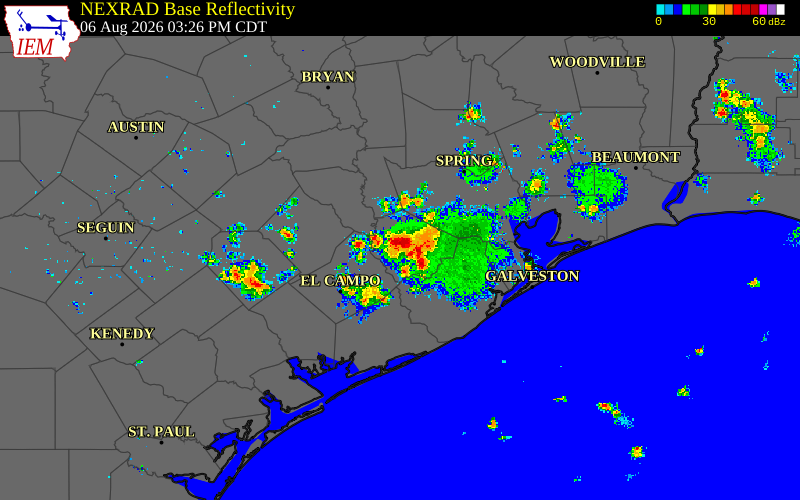 Radar snapshot during the Aug 6, 2026 wind event near Wharton County, Wharton County, Texas, with NWS warning polygons