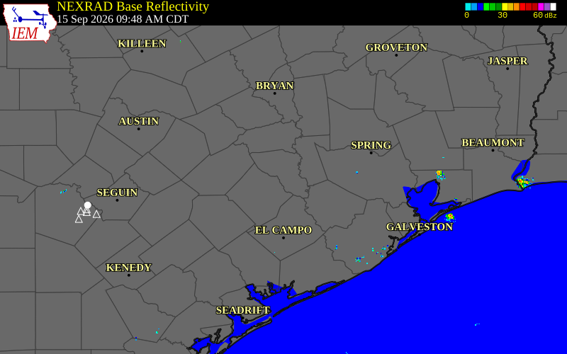 Current NEXRAD radar over Wharton County, Texas with recent storm report locations