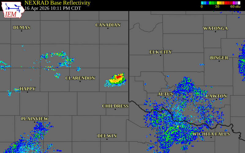 NEXRAD radar during the Thursday, April 16, 2026 storm activity in Wheeler County, Texas