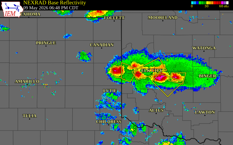 NEXRAD radar during the Saturday, May 9, 2026 storm activity in Wheeler County, Texas