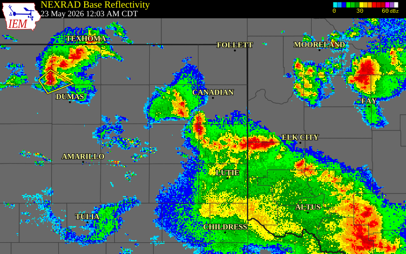 NEXRAD radar during the Saturday, May 23, 2026 storm activity in Wheeler County, Texas