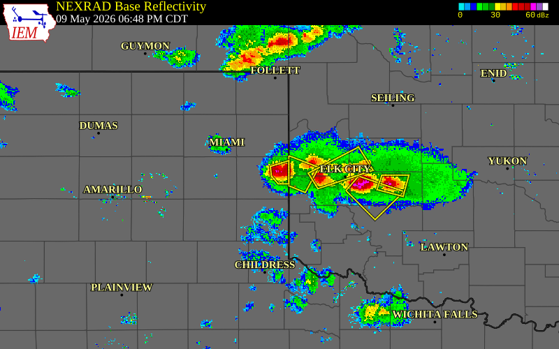 Radar snapshot during the May 9, 2026 hail event near 10 E Wheeler, Wheeler County, Texas, with NWS warning polygons