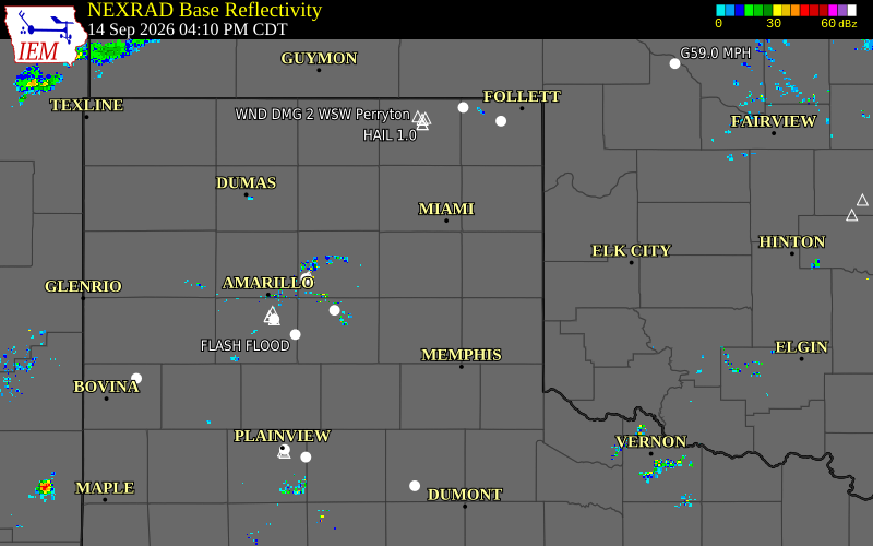Current NEXRAD radar over Wheeler County, Texas with recent storm report locations