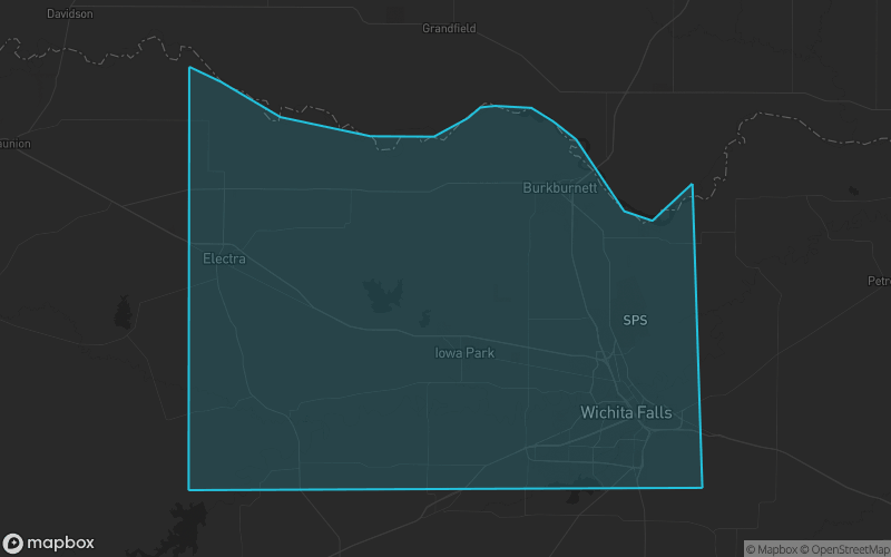 Map of Wichita County, Texas showing the county boundary and surrounding cities