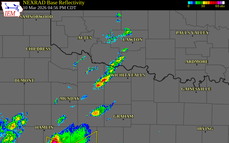 NEXRAD radar during the Tuesday, March 10, 2026 storm activity in Wichita County, Texas
