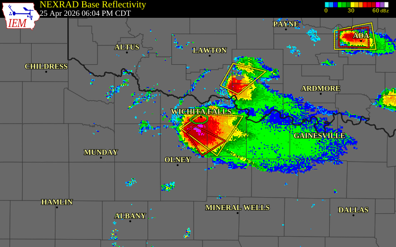 NEXRAD radar during the Saturday, April 25, 2026 storm activity in Wichita County, Texas