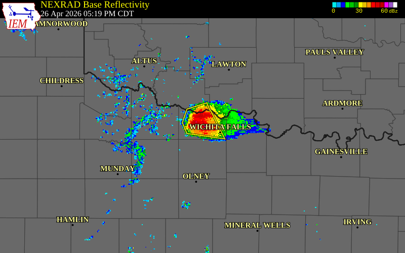 NEXRAD radar during the Sunday, April 26, 2026 storm activity in Wichita County, Texas