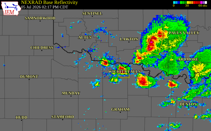 NEXRAD radar during the Sunday, July 5, 2026 storm activity in Wichita County, Texas