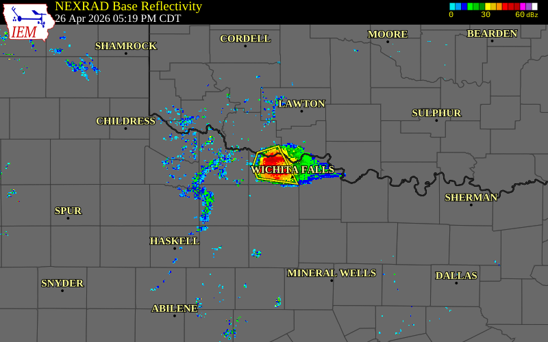 Radar snapshot during the Apr 26, 2026 hail event near 2 NNW Iowa Park, Wichita County, Texas, with NWS warning polygons