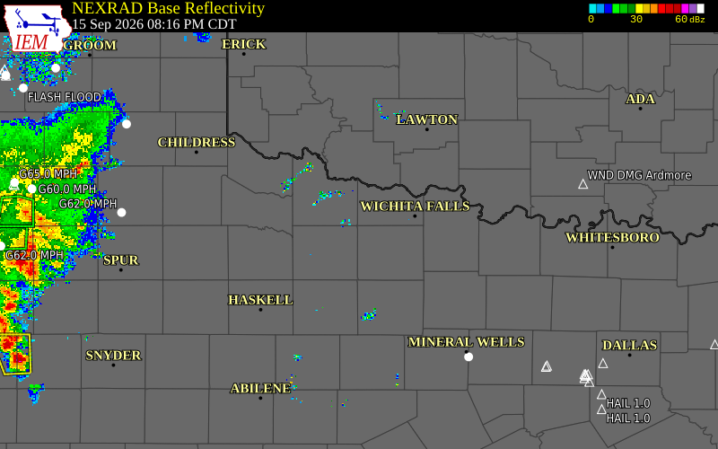 Current NEXRAD radar over Wichita County, Texas with recent storm report locations