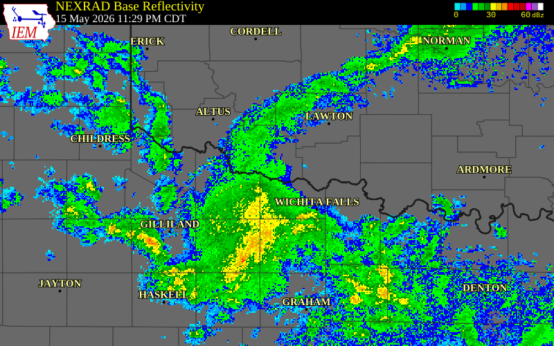 NEXRAD radar during the Friday, May 15, 2026 storm activity in Wilbarger County, Texas