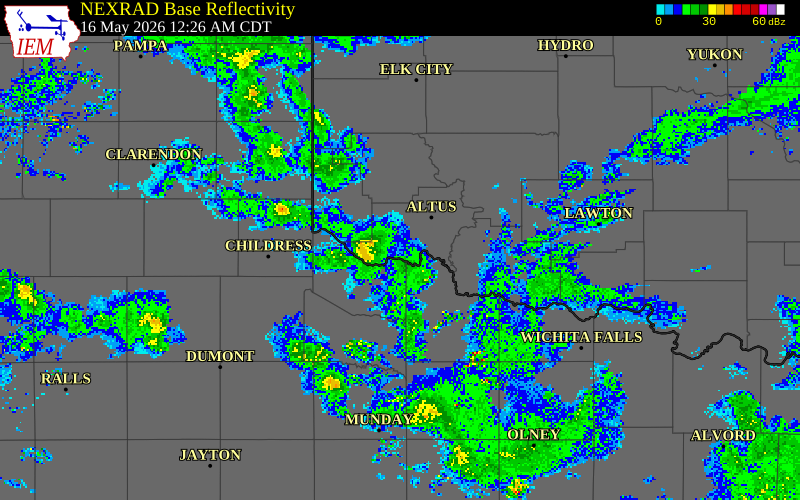 NEXRAD radar during the Saturday, May 16, 2026 storm activity in Wilbarger County, Texas