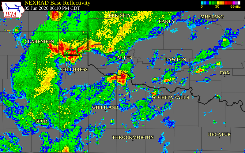 NEXRAD radar during the Friday, June 5, 2026 storm activity in Wilbarger County, Texas