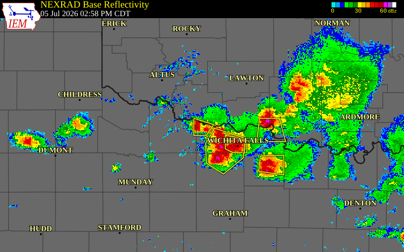 NEXRAD radar during the Sunday, July 5, 2026 storm activity in Wilbarger County, Texas