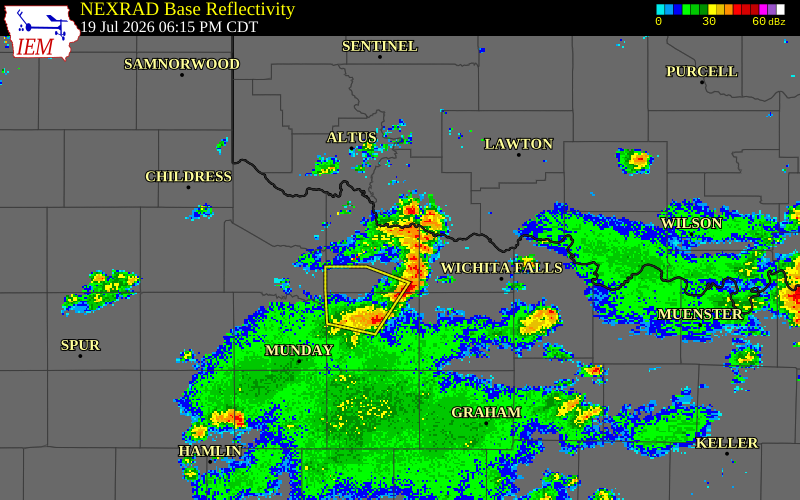 NEXRAD radar during the Sunday, July 19, 2026 storm activity in Wilbarger County, Texas
