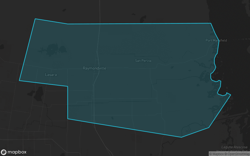 Map of Willacy County, Texas showing the county boundary and surrounding cities