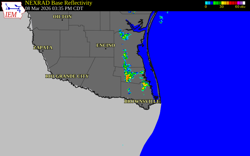 NEXRAD radar during the Sunday, March 8, 2026 storm activity in Willacy County, Texas