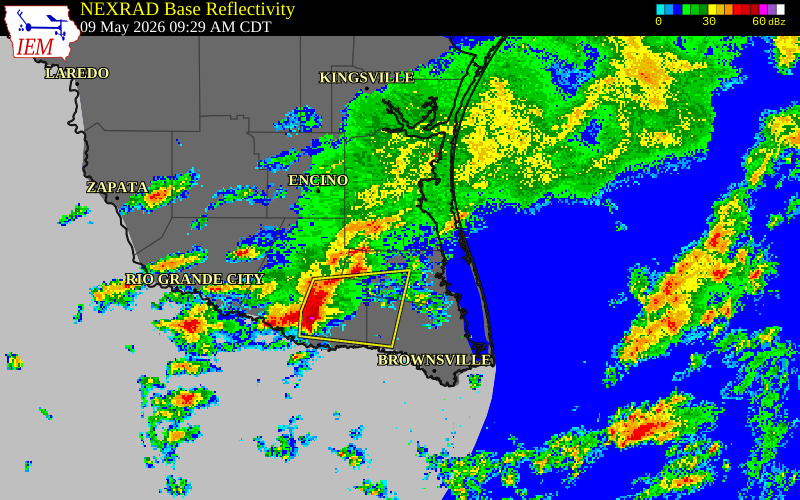 NEXRAD radar during the Saturday, May 9, 2026 storm activity in Willacy County, Texas