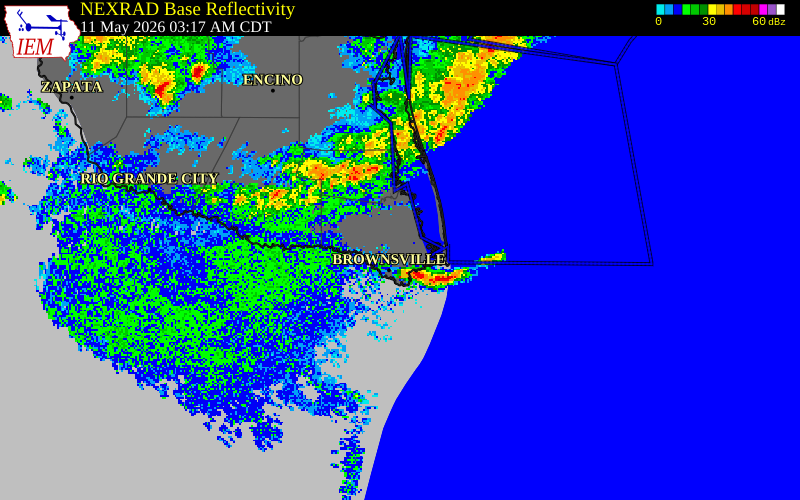 NEXRAD radar during the Monday, May 11, 2026 storm activity in Willacy County, Texas