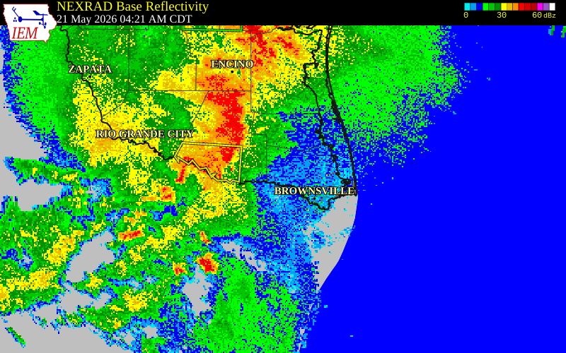 NEXRAD radar during the Thursday, May 21, 2026 storm activity in Willacy County, Texas