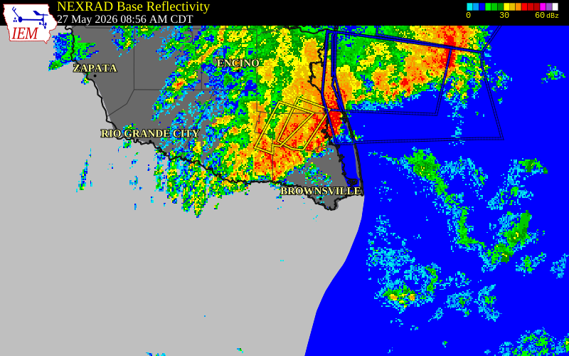 NEXRAD radar during the Wednesday, May 27, 2026 storm activity in Willacy County, Texas