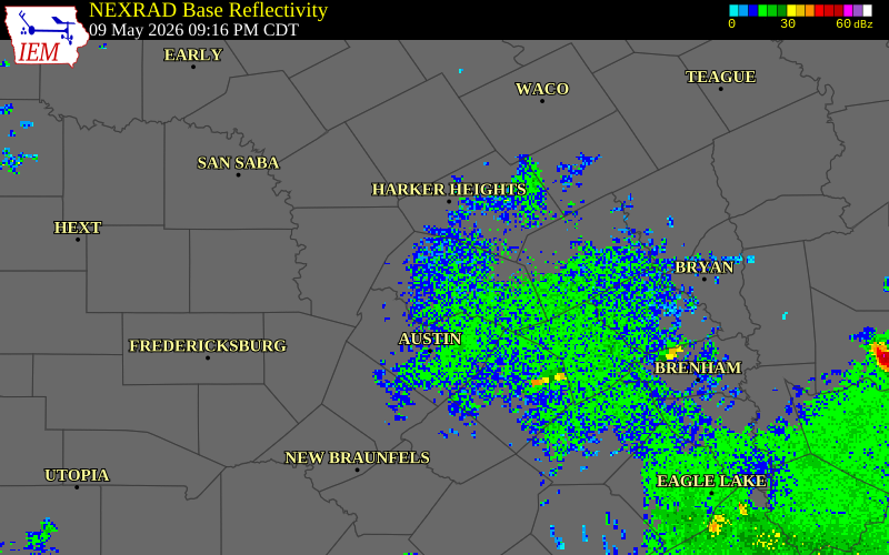 NEXRAD radar during the Saturday, May 9, 2026 storm activity in Williamson County, Texas