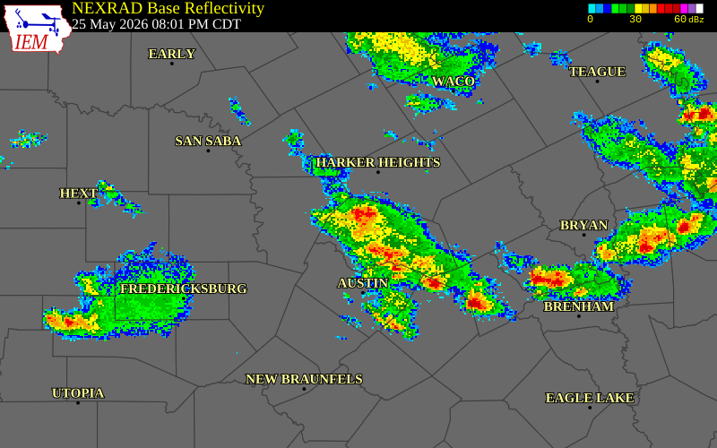 NEXRAD radar during the Monday, May 25, 2026 storm activity in Williamson County, Texas