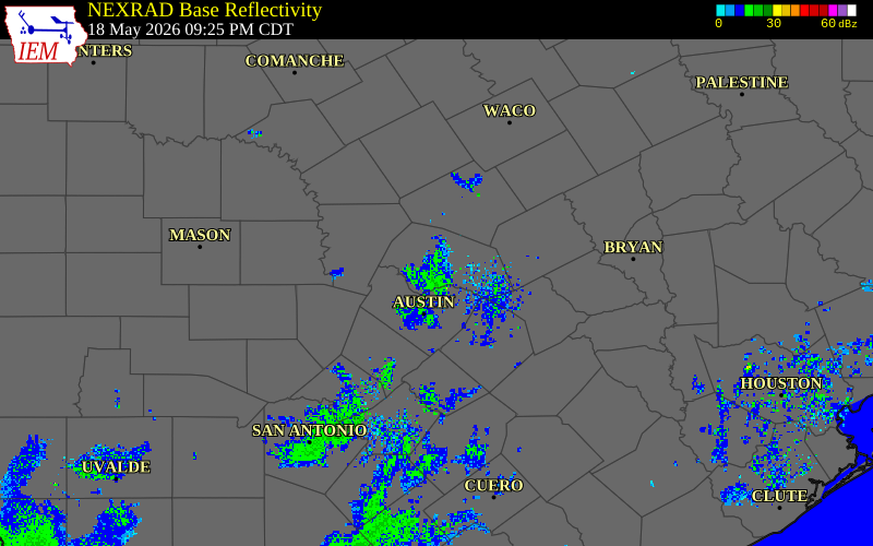 Radar snapshot during the May 18, 2026 wind event near 4 N Round Rock, Williamson County, Texas, with NWS warning polygons