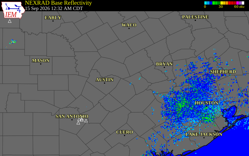 Current NEXRAD radar over Williamson County, Texas with recent storm report locations